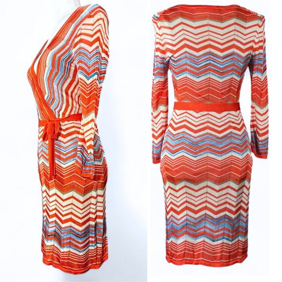 Trina Turk Chevron Knit‎ Wrap Dress Belt Orange Blue V-Neck Long Sleeve ZigZag 0 - Picture 2 of 10